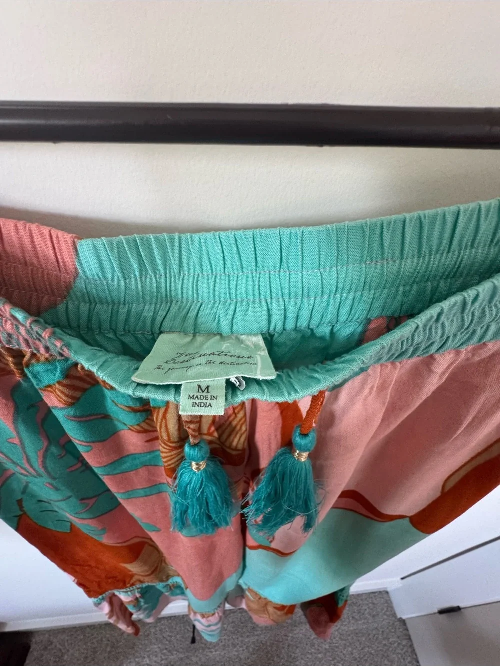 True Destination Wide-Leg Bohemian Printed Pant in Teal, Pink & Rust - Picture 3 of 3